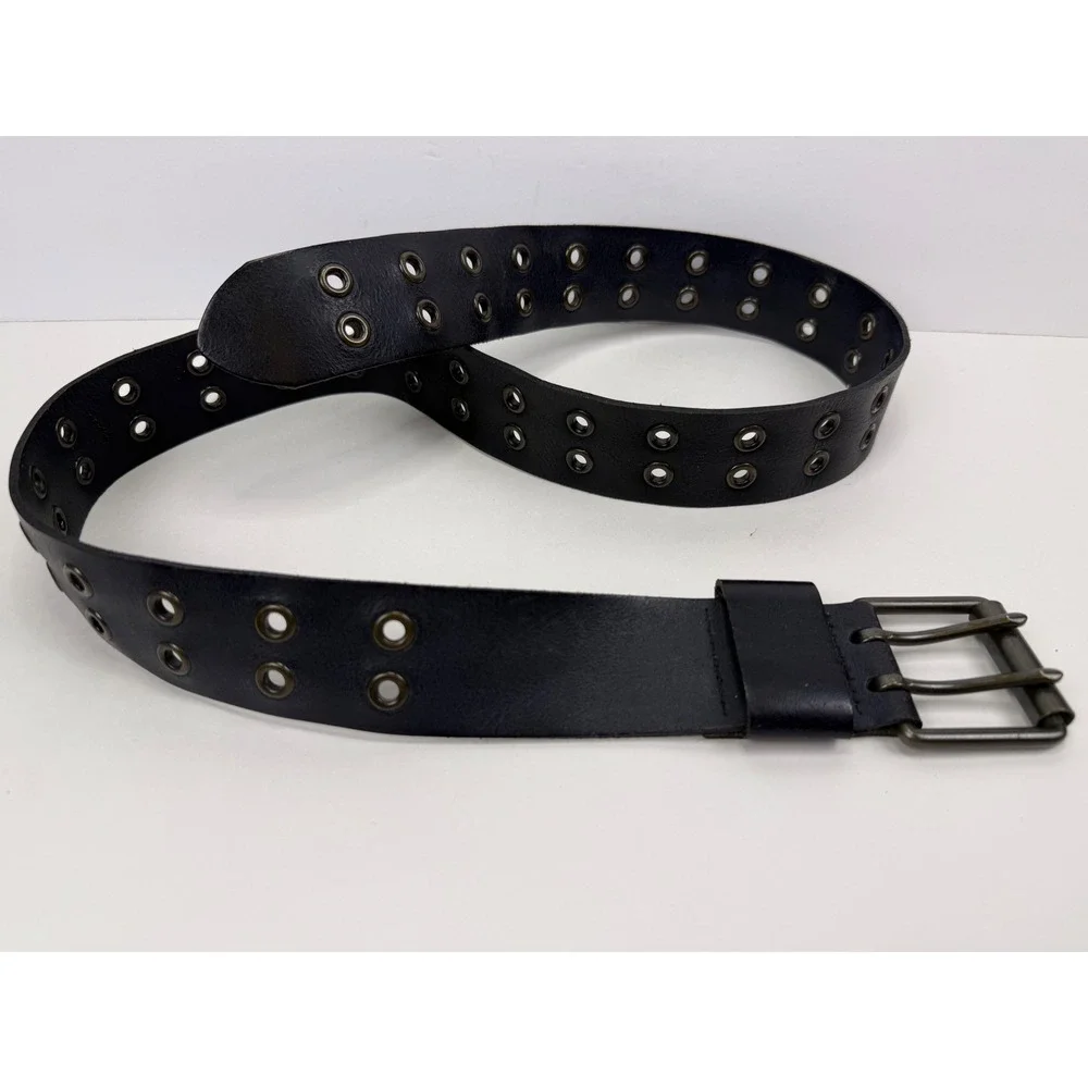 Black Genuine Leather Double Grommet Belt Punk Grunge Double Prong Buckle Large